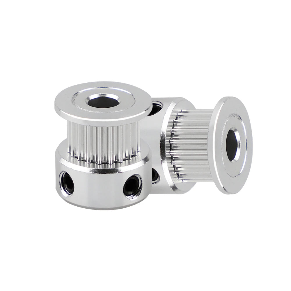 GT2 timing pulley assembly with toothed wheel, center bore, and bearing inserts