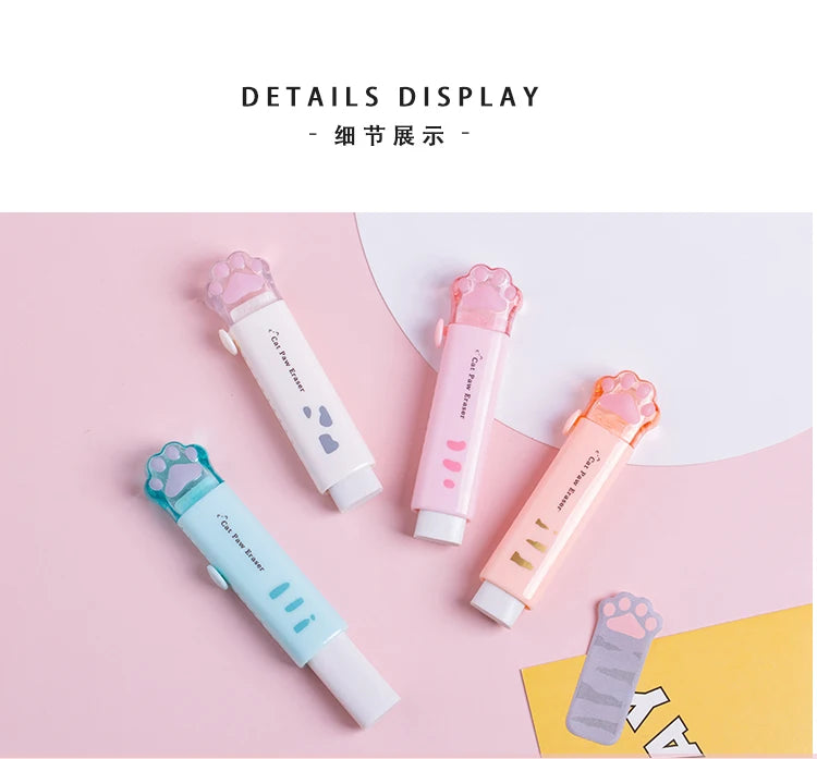 Retractable kawaii cat claw pencil erasers, blue, white, pink, and orange