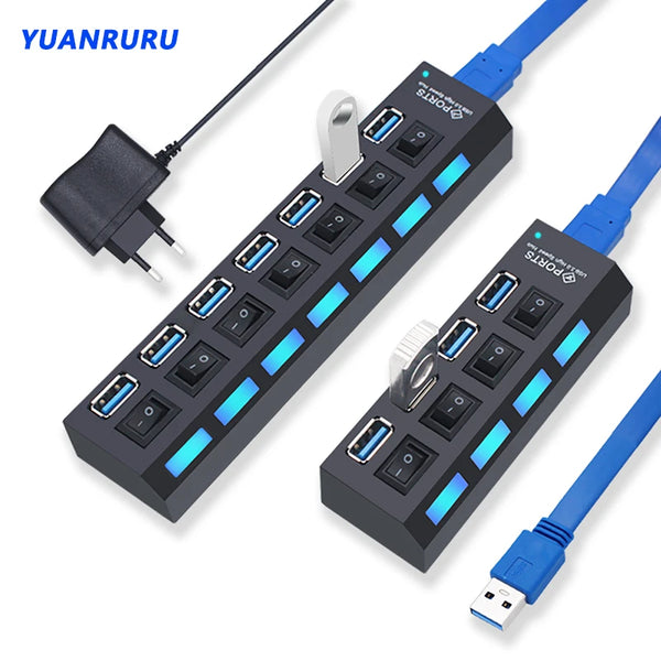 USB 3.0 multi-port hub with blue LED indicators, toggle switches, and USB cable
