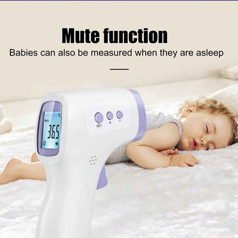 Non-contact infrared thermometer with green LCD, white body and purple accents.