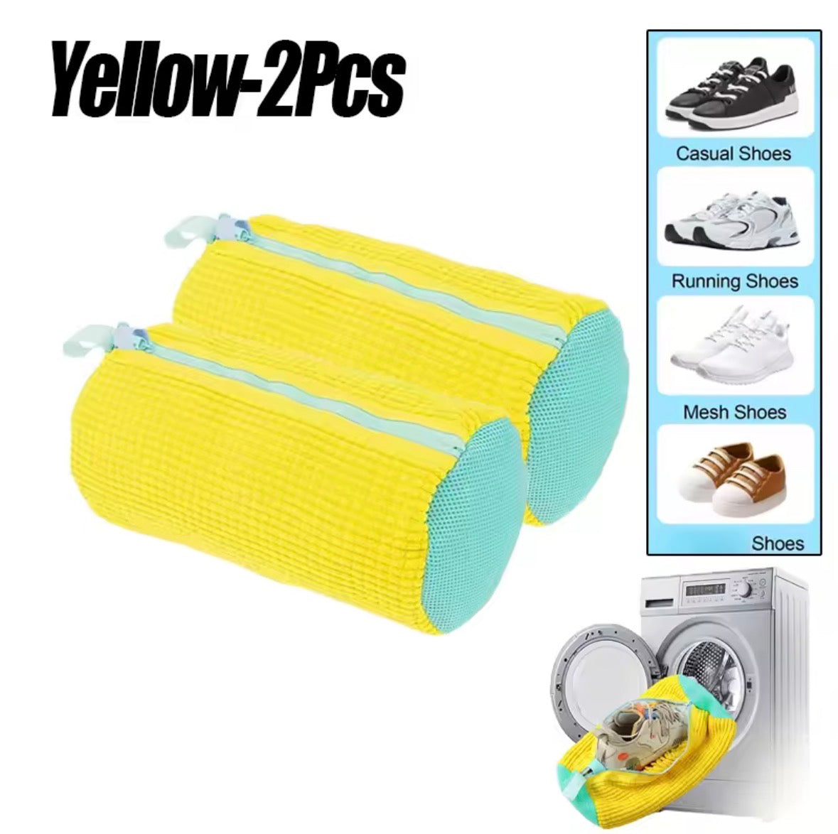 Set of 2 reusable shoe washing bags, yellow with light blue trim, zip closure, 360°.
