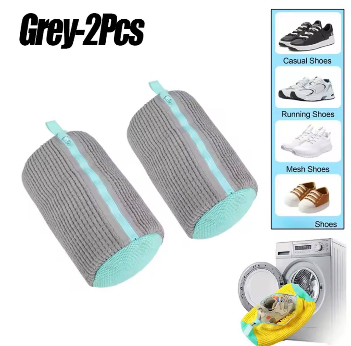 Set of 2 reusable shoe washing bags, gray with light blue trim, zip closure, 360°.