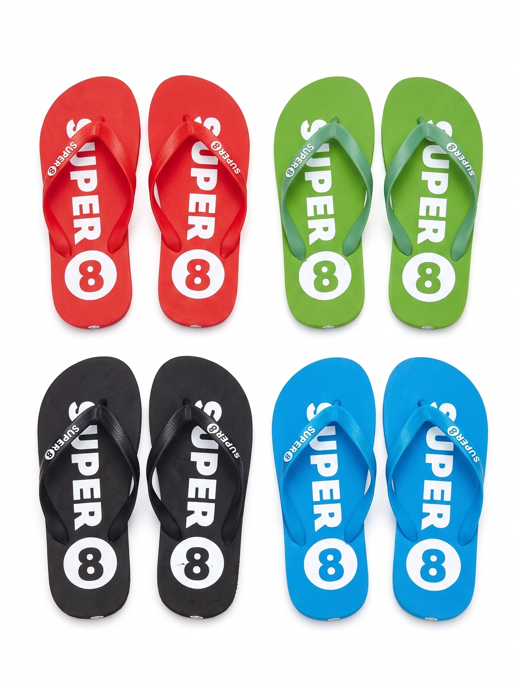 Assorted flip-flops in red, green, black, and blue with white SUPER 8 print.