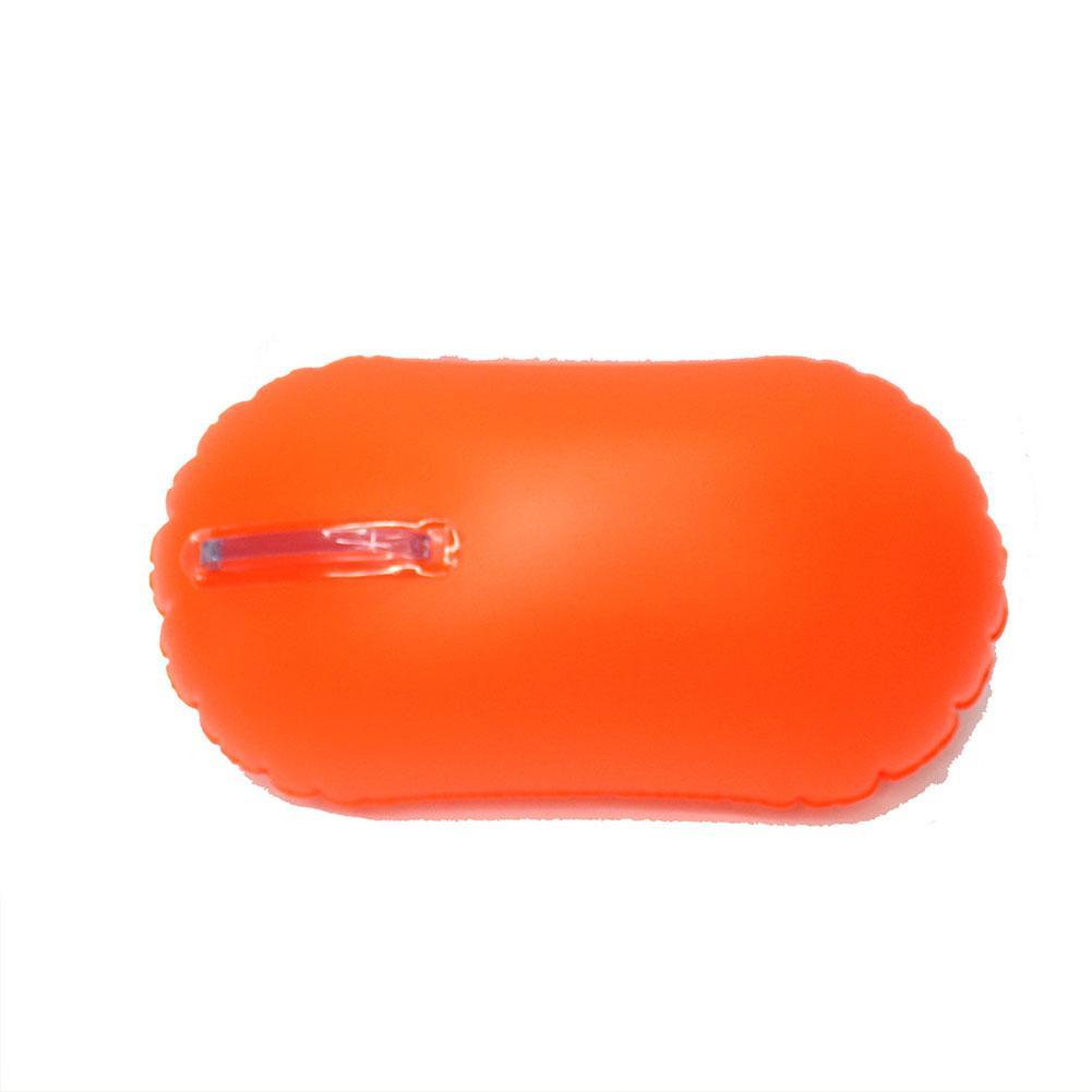 Inflatable swim buoy tow float, orange oval with clear inflation valve