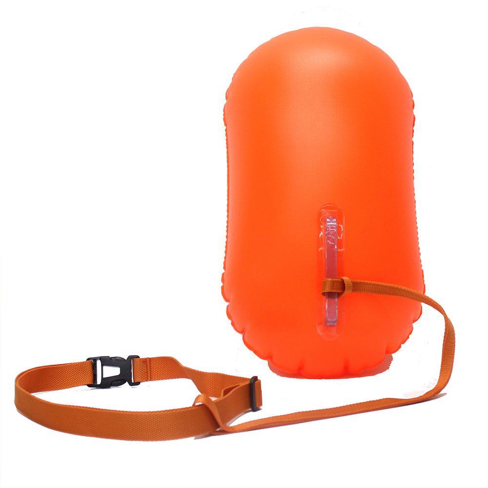Inflatable swim buoy tow float, orange with shoulder strap and safety lanyard