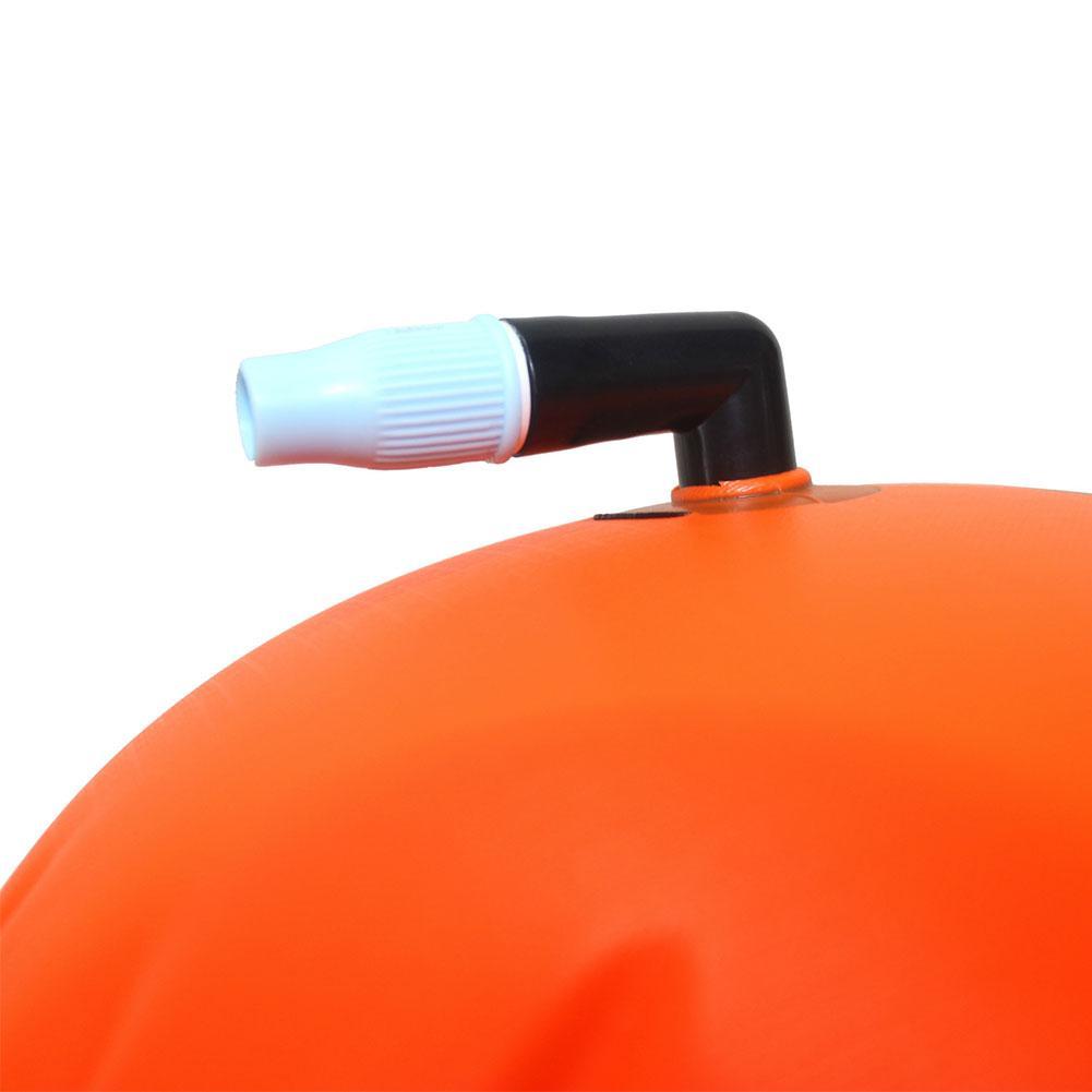 Inflatable swim buoy tow float, orange with black and white valve outlet detail