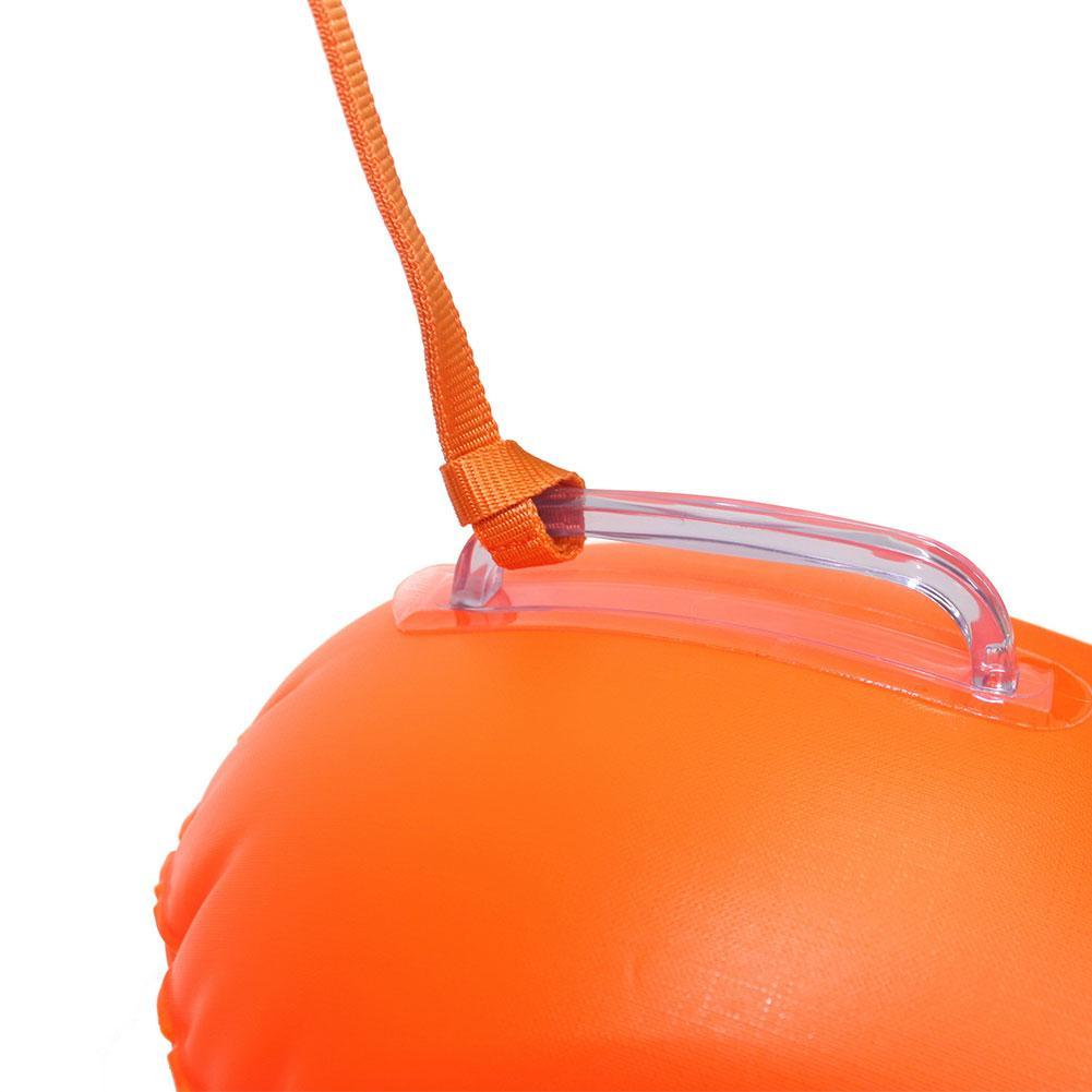 Inflatable swim buoy tow float, orange with clear valve cap and orange tether cord