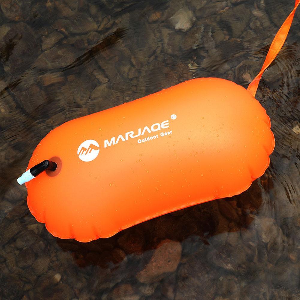 Orange inflatable tow buoy swim float with strap and air valve cap, PVC