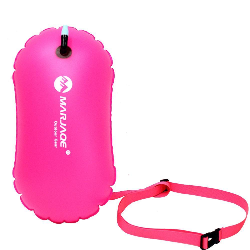 Rose pink inflatable life-saving swim buoy with attached carry strap