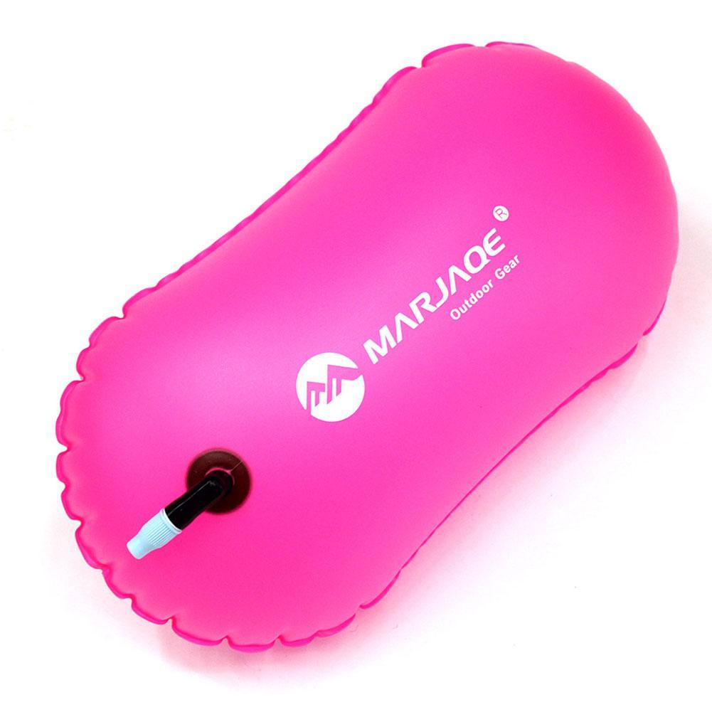 Rose pink inflatable swim buoy tow float with MARJAOe logo and air valve