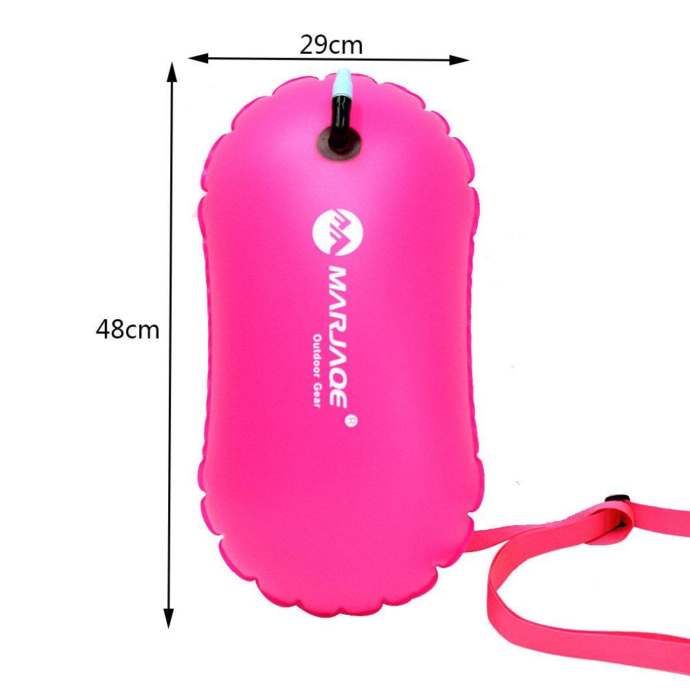 Pink inflatable swim buoy tow float with top valve and side strap