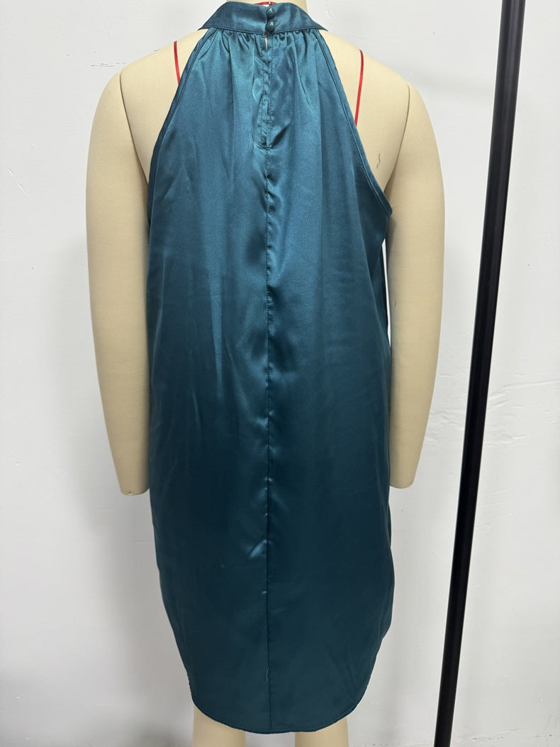Peacock blue satin sleeveless halter dress with gathered high neck and button detail