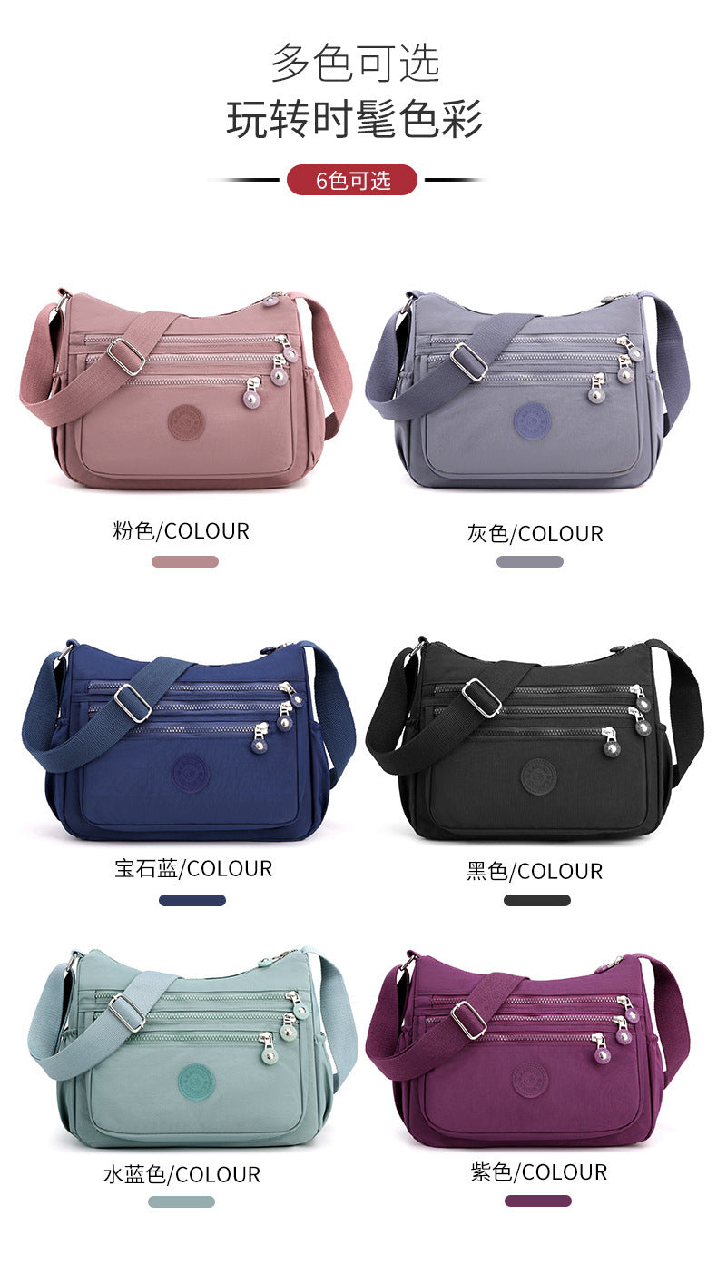 Six color options shown for nylon multi-layer crossbody bag