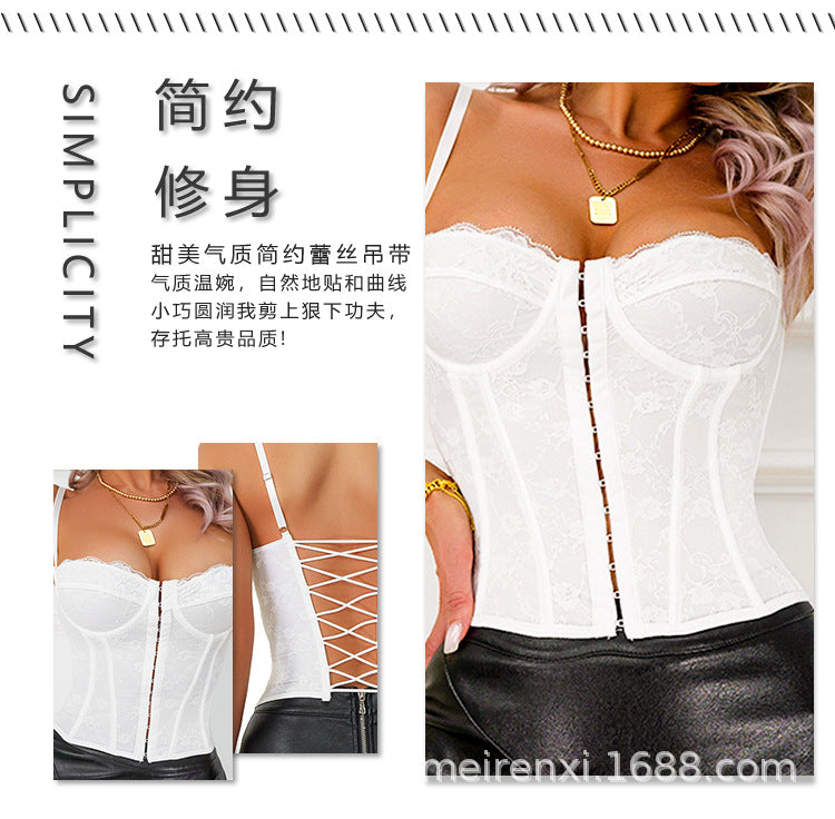 White lace corset vest with front zip closure and fishbone steel ring detail