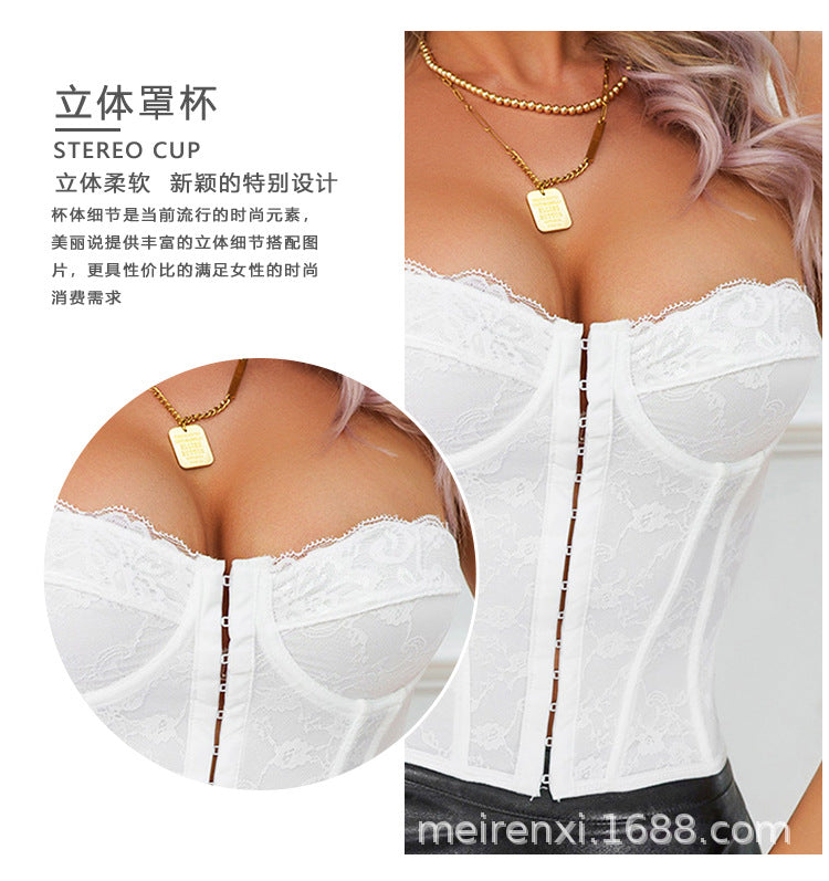 White lace corset vest with sweetheart neckline and vertical front zip detail