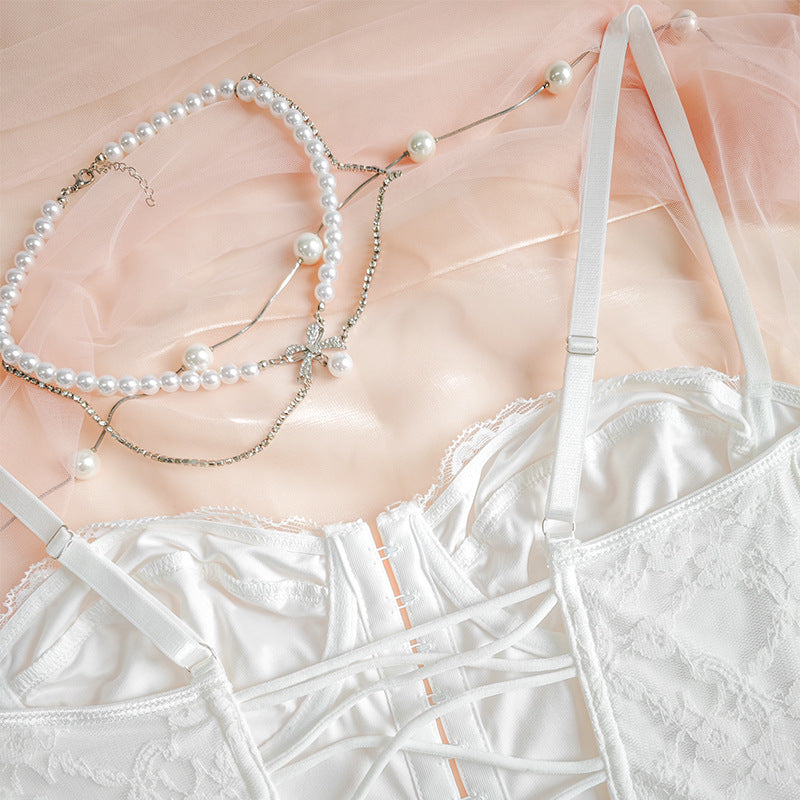 White lace corset vest with underwire cups and front lace-up panel