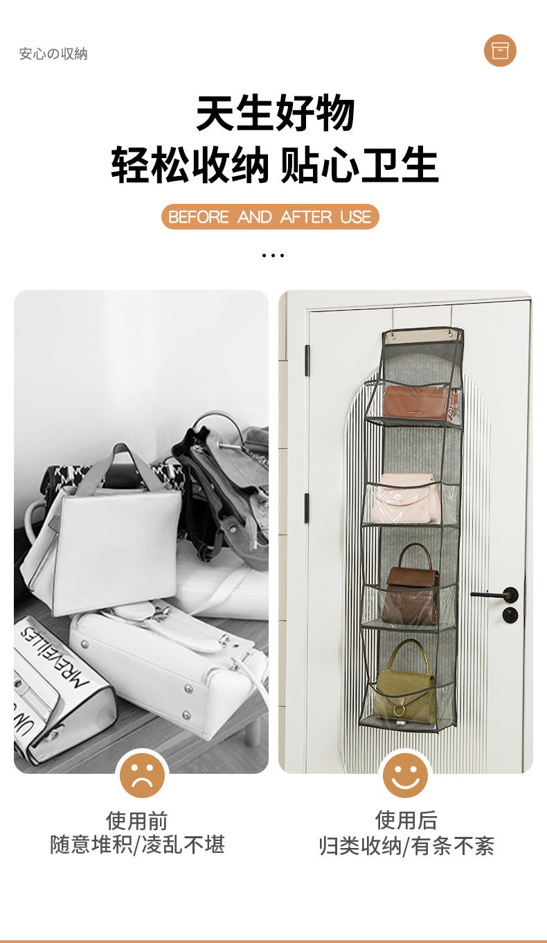 Over-the-door hanging bag benefit graphic with before-and-after storage use