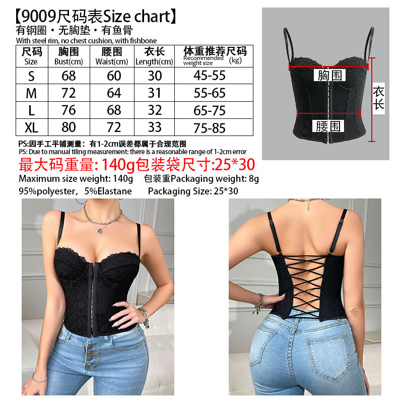 Black steel-ring corset bodysuit with lace-up crisscross back and front detail