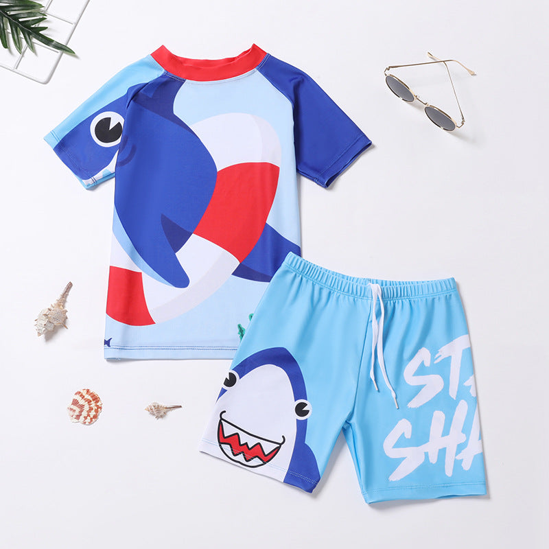 Boys’ shark swim rashguard and shorts set, light blue and navy with red accents