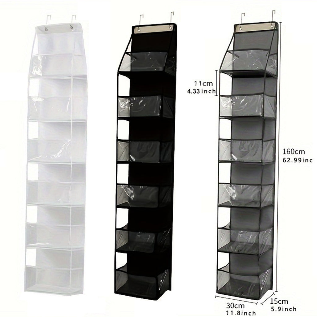 Over-the-door hanging organizer with clear layered pockets, white, black, and gray