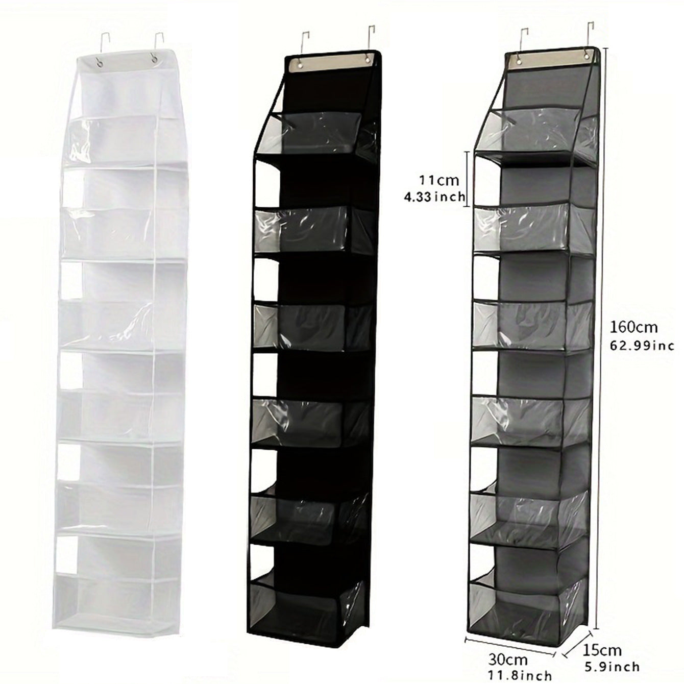 Over-the-door hanging organizer with clear layered pockets, white, black, and gray