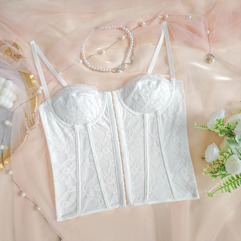 White lace corset vest with underwire cups, adjustable straps, and corset lacing