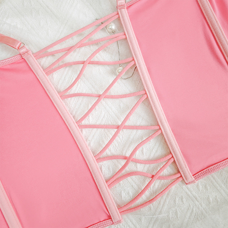 Pink bustier with lace back crisscross lacing and adjustable straps