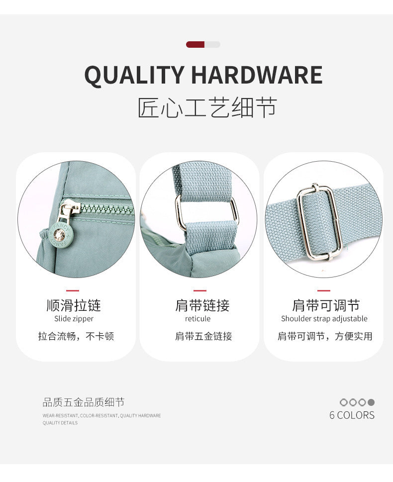 Water-blue nylon shoulder bag hardware, featuring adjustable strap and side buckles.