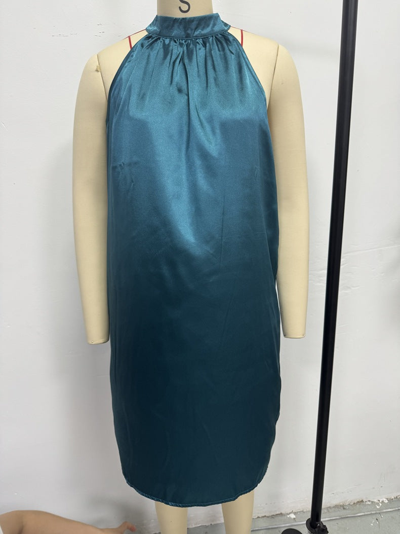 Peacock blue satin halter sleeveless midi dress on mannequin, gathered neckline