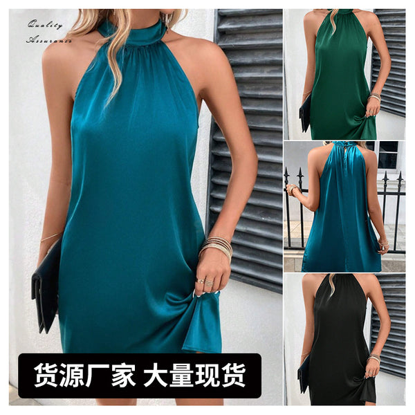 Peacock blue satin halter sleeveless midi dress, gathered neckline, side pocket detail