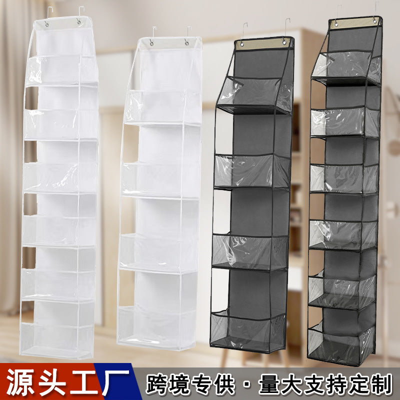 Over-door hanging storage bag with clear pockets, white and dark color options