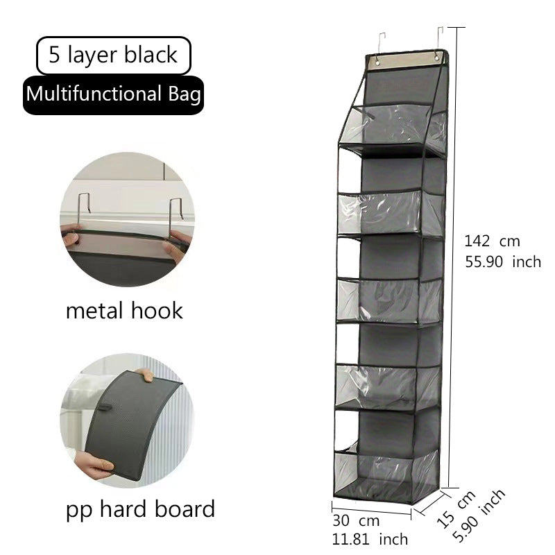 Wall-mounted hanging storage bag, 5-tier black vertical pockets with metal hook top