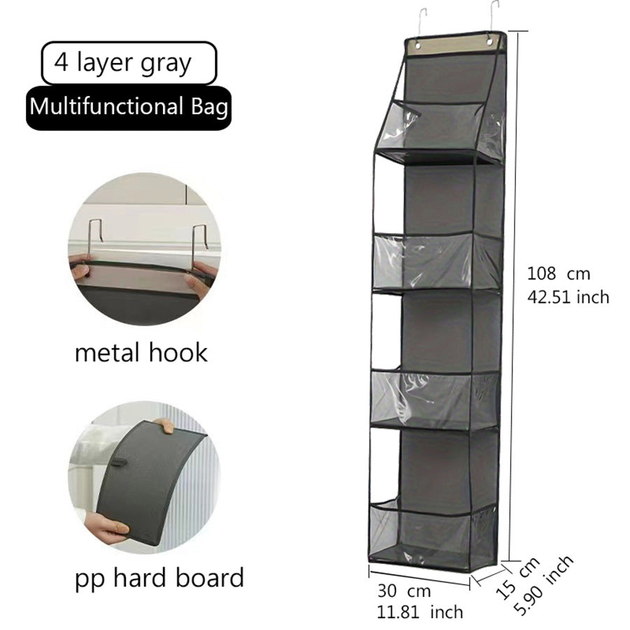 Wall-mounted hanging storage bag, 4-tier gray vertical pockets with top hooks