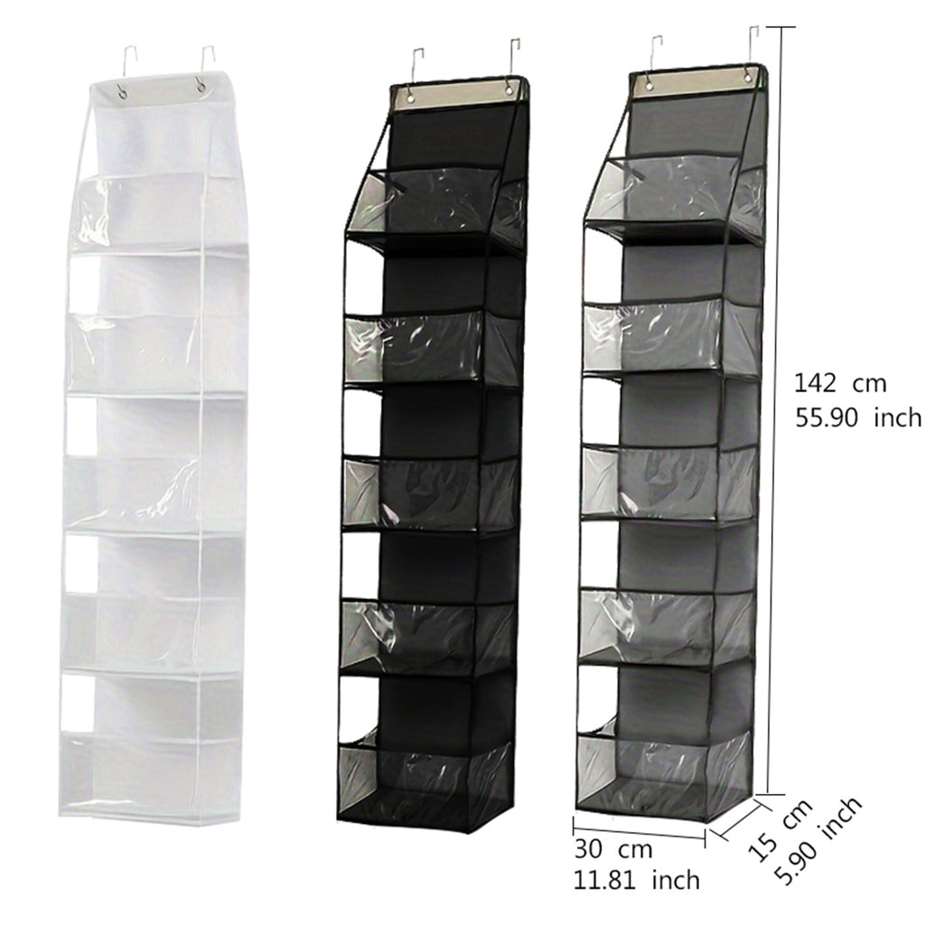 Door-hanging storage bag with clear multi-shelf pockets, white, black, and gray