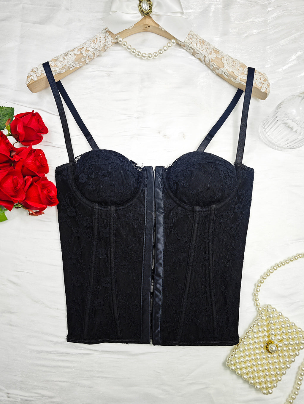 Black lace corset bustier with sweetheart cups and center front zipper