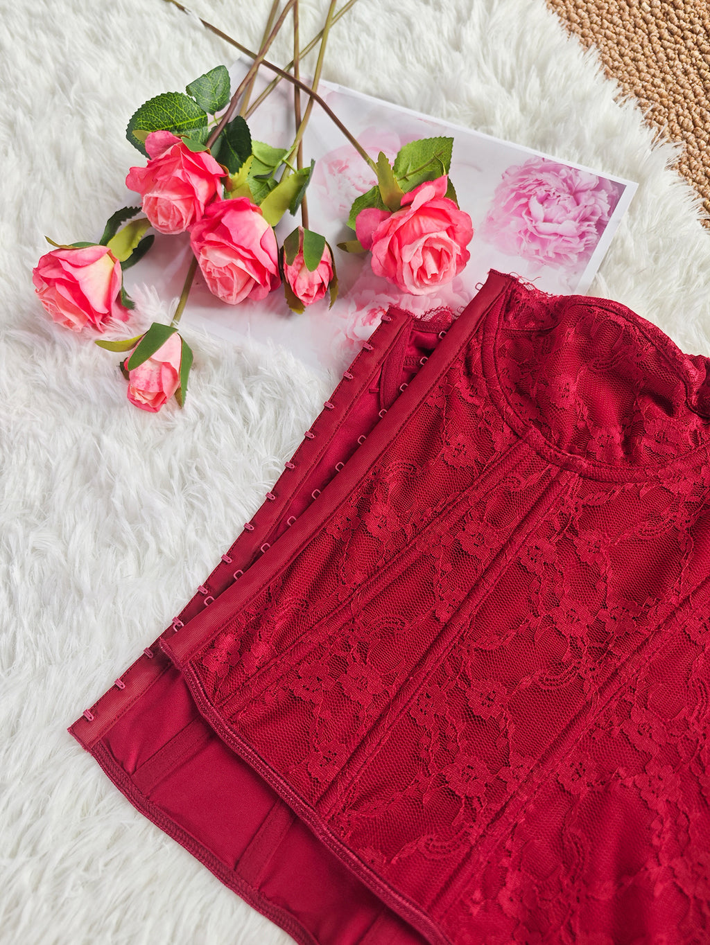 Burgundy lace corset bustier with sweetheart neckline and corset seam panels