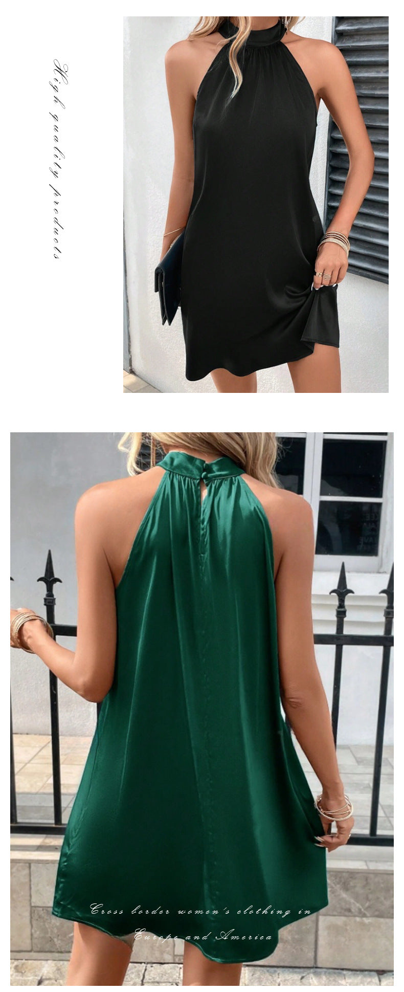Black satin sleeveless halter dress front view; green option shown from back