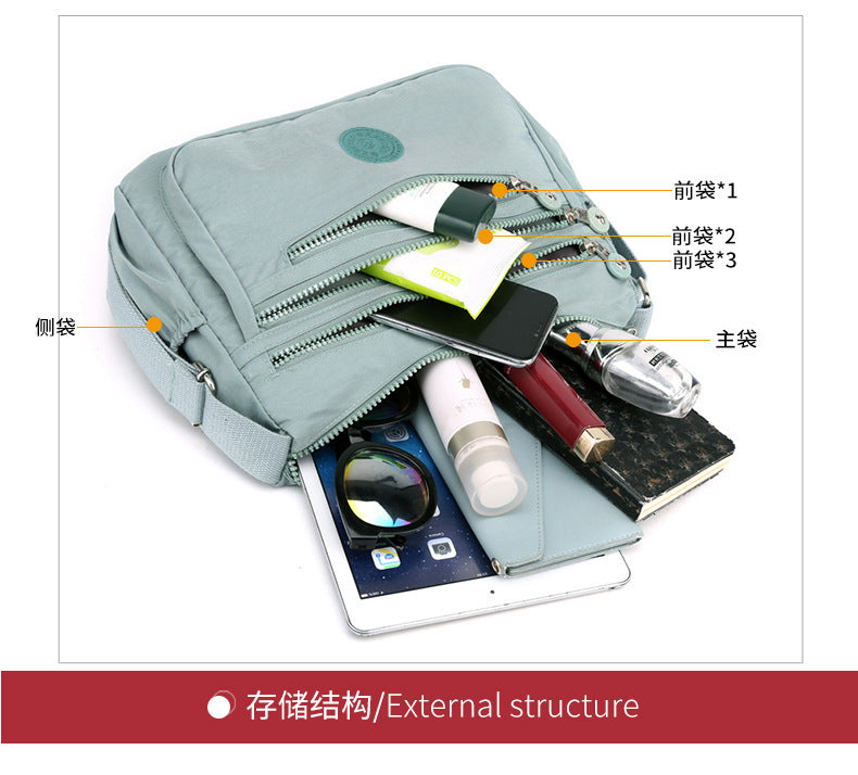 Water-blue nylon shoulder bag with contents organized inside multiple zip compartments.