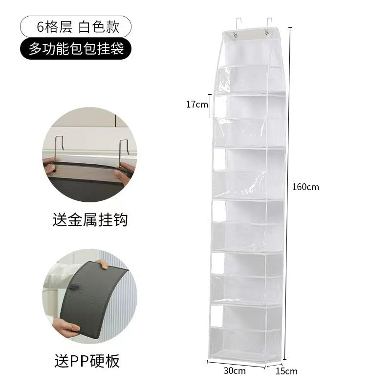 Wall-mounted hanging storage bag, 6-tier white vertical pockets with top hanging loops