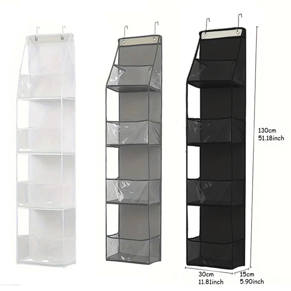 Over-door hanging storage organizer with clear layered pockets, white, gray, and black