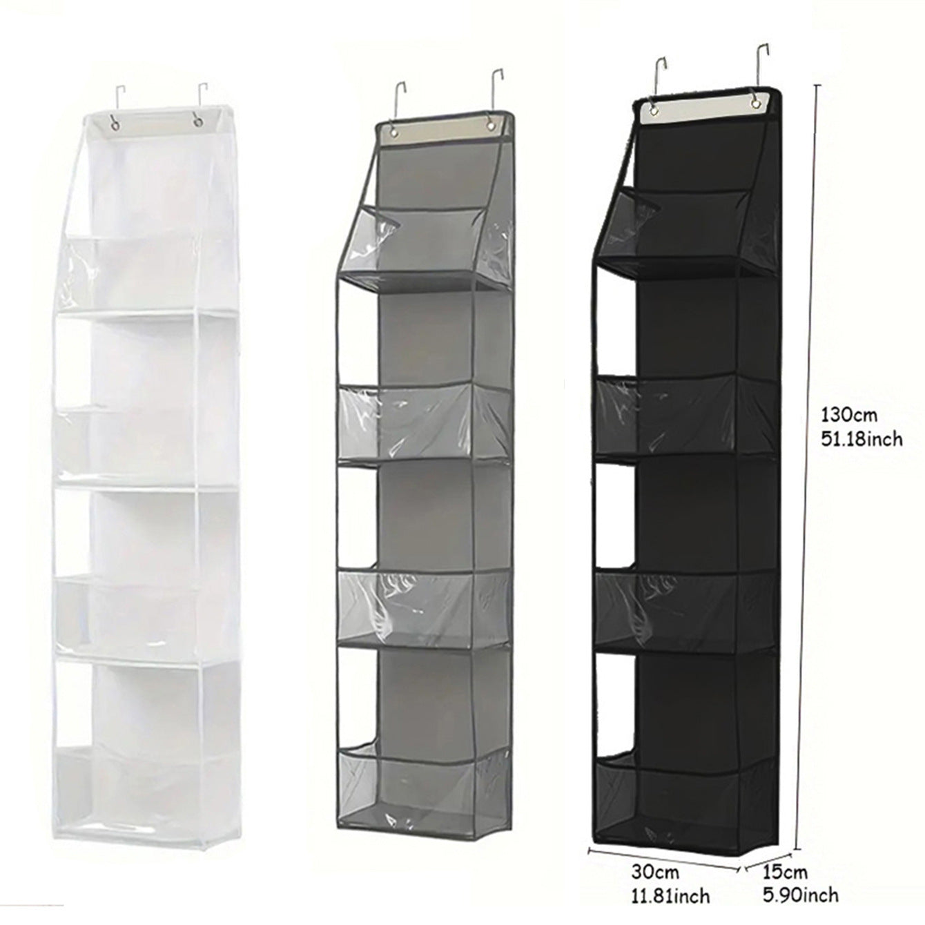 Over-door hanging storage organizer with clear layered pockets, white, gray, and black