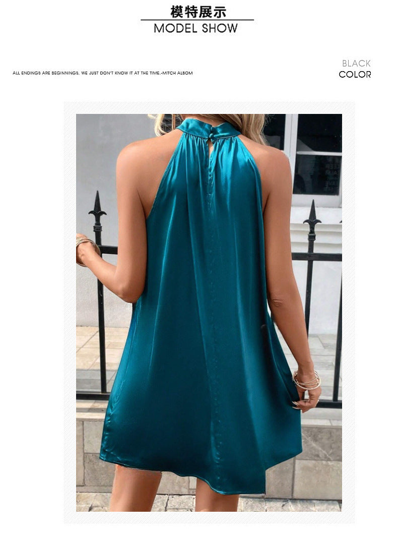 Teal satin sleeveless halter dress with gathered high neck and flared A-line skirt