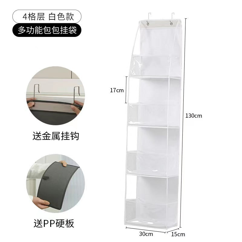 Wall-mounted hanging storage bag, 4-tier white mesh organizer with metal hook tabs