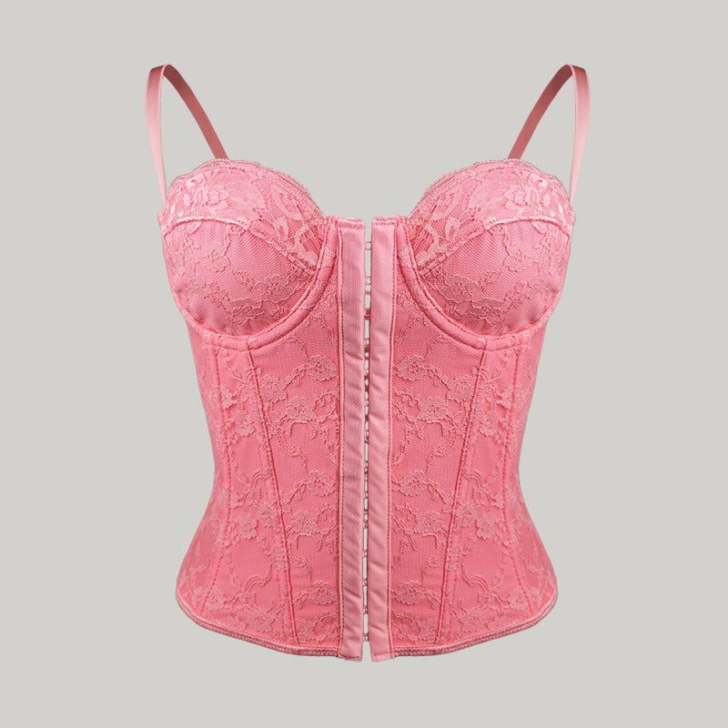 Pink lace corset with underwire cups, front busk, and spaghetti straps