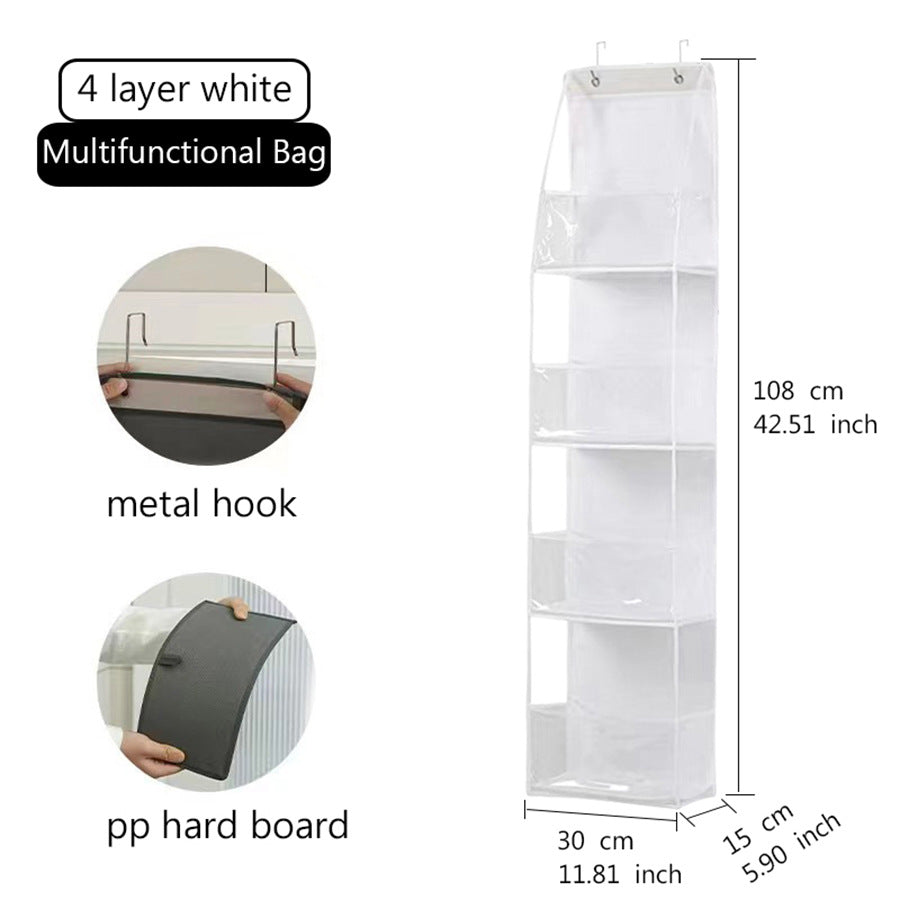Wall-mounted hanging storage bag, 4-tier white vertical pockets with hanging loops