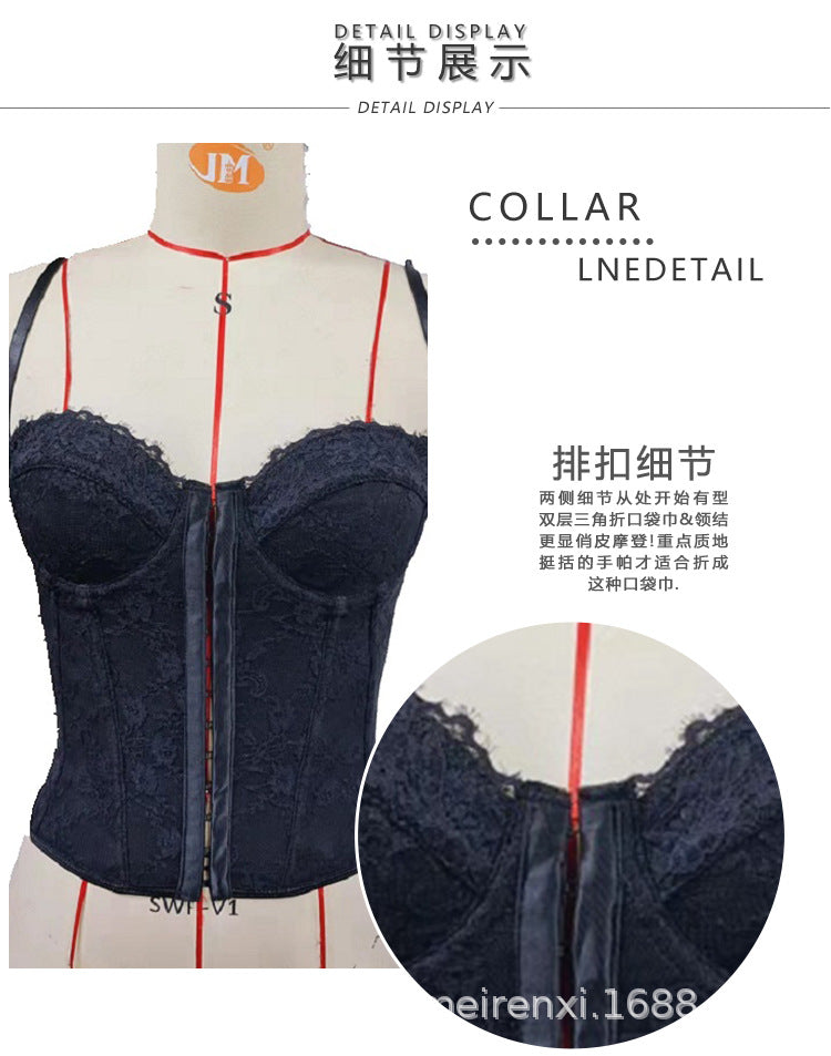 Dark lace corset vest with corset lacing trim and front zipper closure