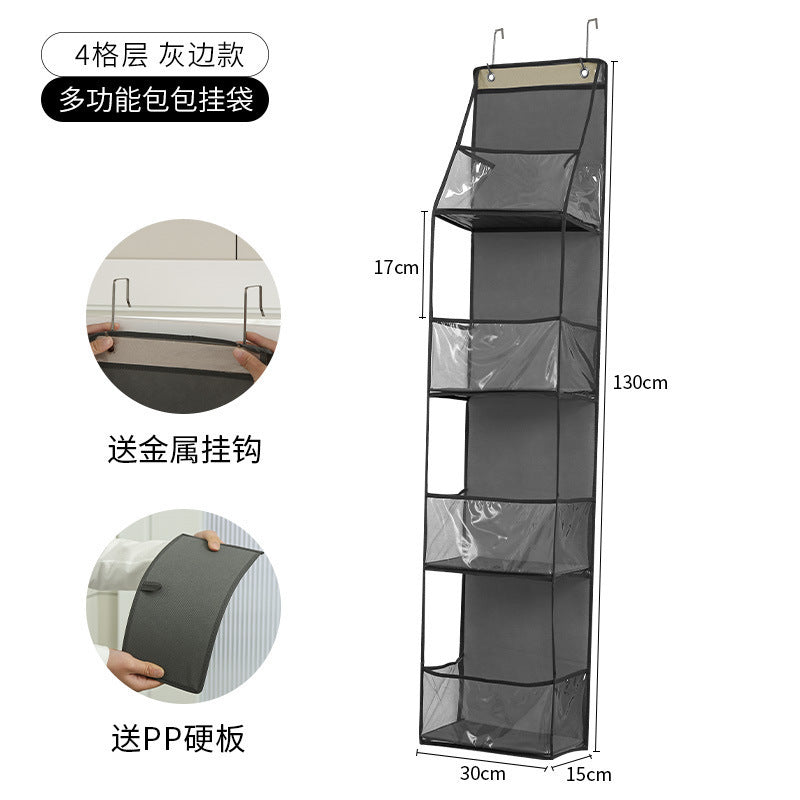Wall-mounted hanging storage bag, 4-tier dark gray vertical pockets with hanging hooks