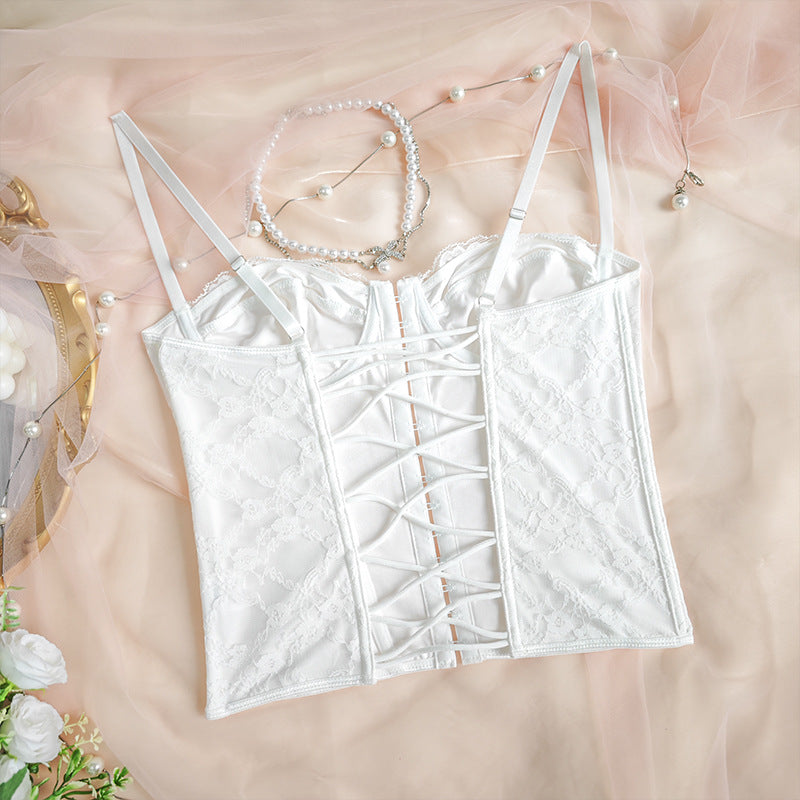 White satin lace corset vest with front grommet lace-up panel and adjustable straps