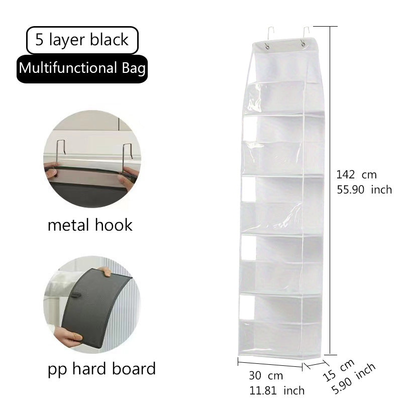 Wall-mounted hanging storage bag, 5-tier black vertical storage with metal hook top