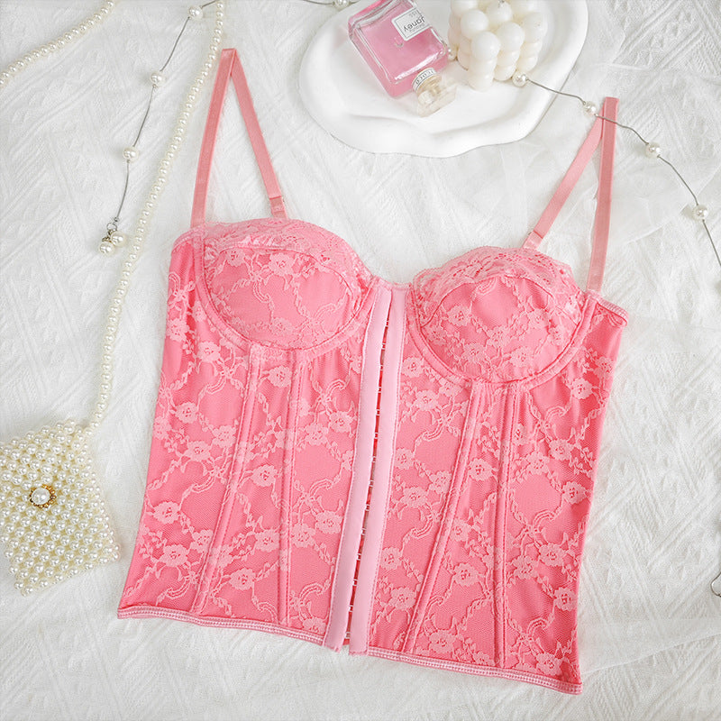 Pink lace corset vest with sweetheart cups and adjustable spaghetti straps